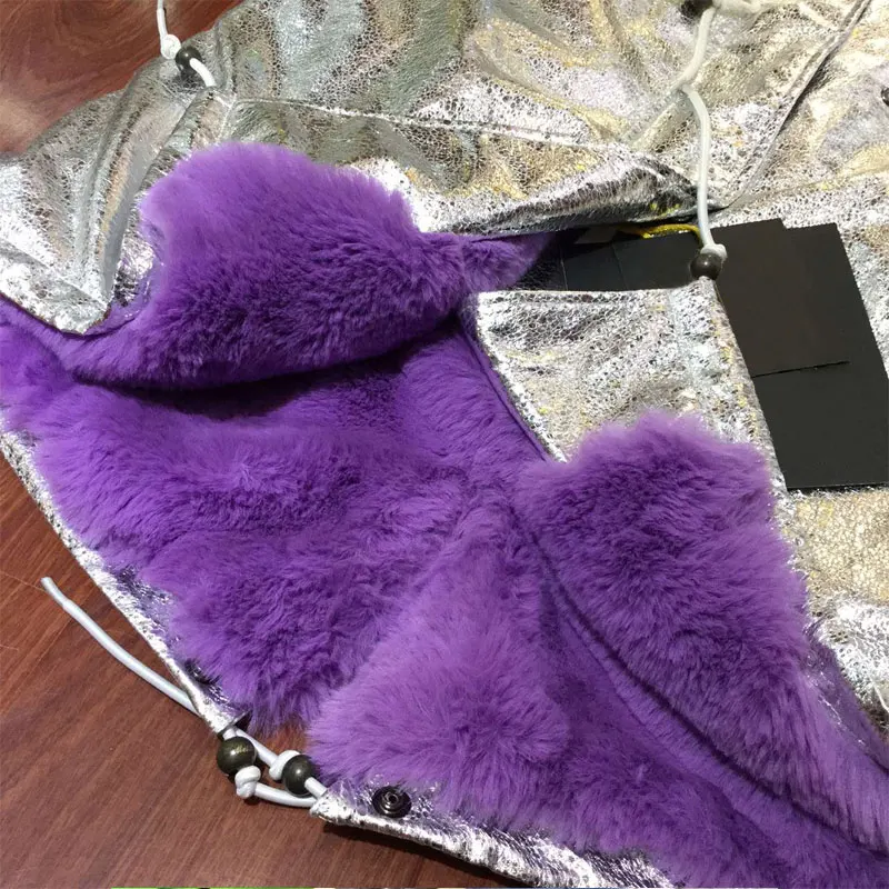 Серебристая кожа Водонепроницаемая фиолетовая Длинная женская куртка с большим