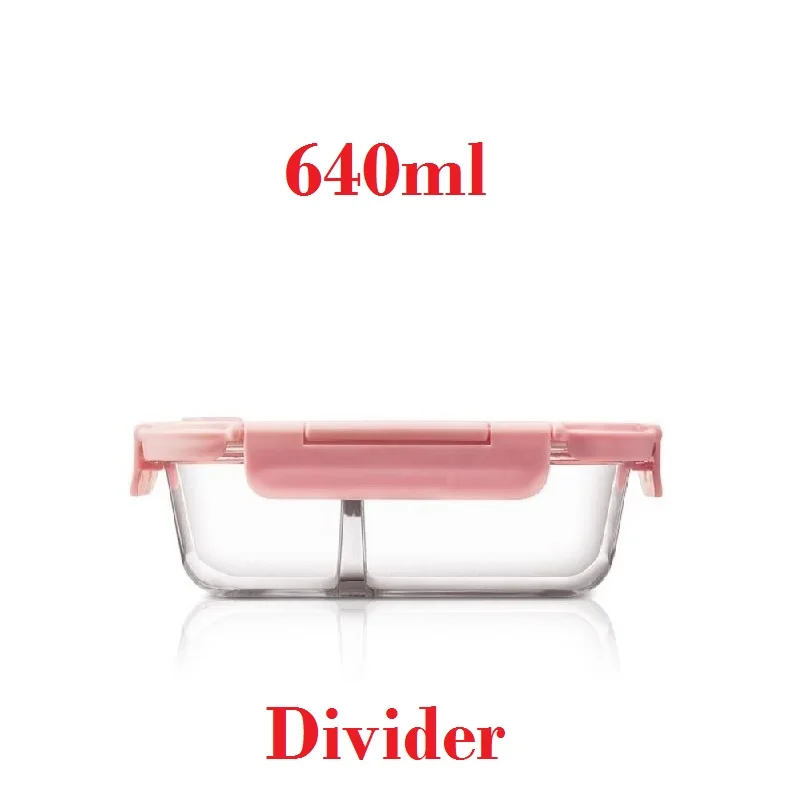 

640ml Glass Lunch Box with 2 Compartments Microwavable Leakproof Pink