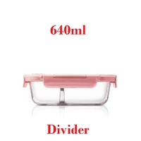 640ml glass lunch box with 2 compartments microwavable leakproof pink