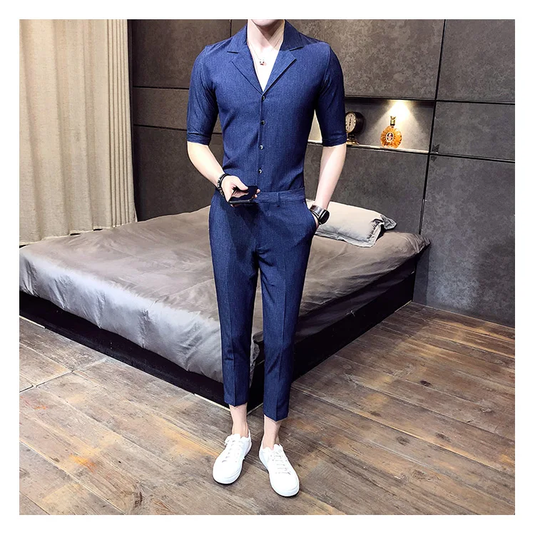 2 шт. комплект мужские рубашки и брюки Британский Стиль Camisa социальный Slim Fit рубашки мужская одежда синий Gomlek корейский Костюмы