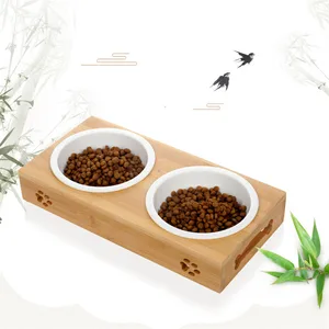 Модная бамбуковая посуда для собак, керамическая и нержавеющая сталь, миска для собак с двойным ртом, высококачественные противоскользящие товары для домашних животных