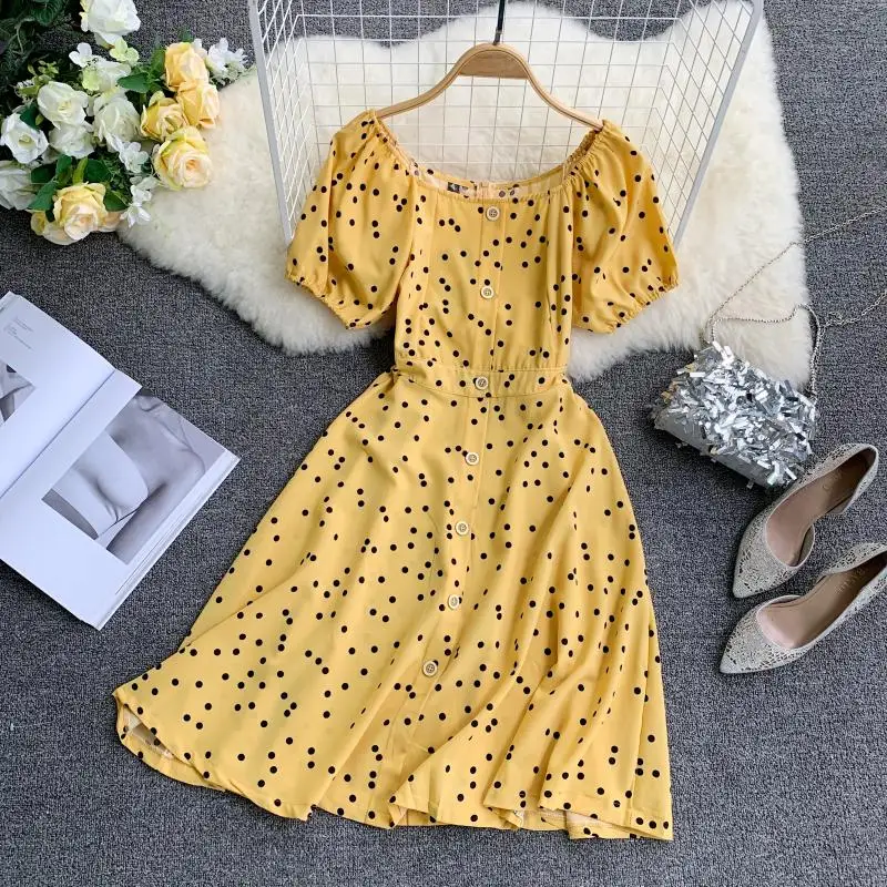 2019 Новое модное женское платье ретро в горошек с пышными рукавами однобортное