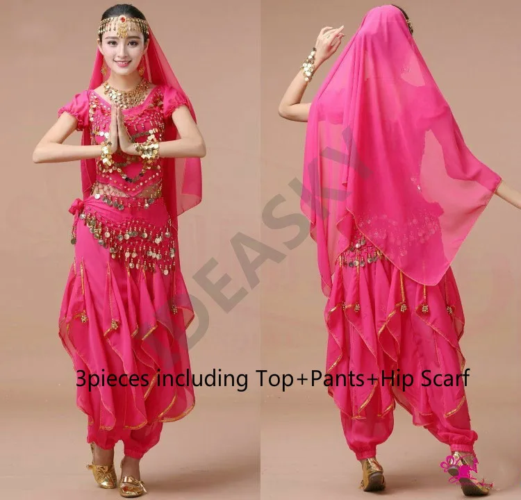 hot pink 3pcs Сексуальный Набор костюма для танца живота Профессиональный Египетский живот Индийский Болливуд костюмы Женское платье танец живота взрослый топ брюки - Цвет: hot pink 3pcs