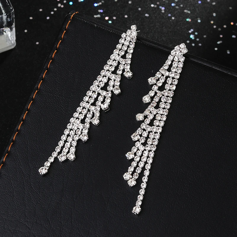 YFJEWE Silver Color Rhinestone Crystal Long Tassel Earrings for Women Bridal Drop Dangling Brincos Wedding Jewelry E630 | Серьги