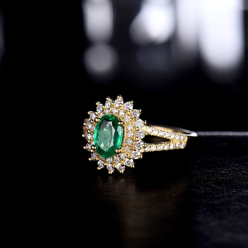Классические изумрудные кольца для женщин Настоящее 18Kt желтое золото изумруд камень бриллианты женские офисные вечерние обручальные ювелирные изделия кольцо