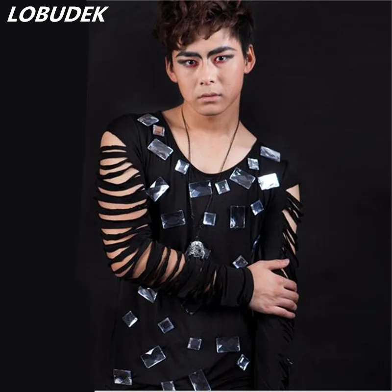 Футболка мужская с вырезами на рукавах черная рубашка костюм певицы диджея бара