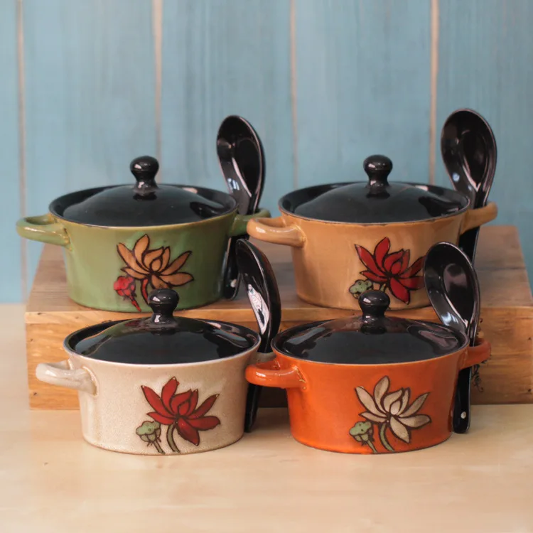 Ретро стиль керамика супница с крышкой и ложкой посуда Творческий суп горшок
