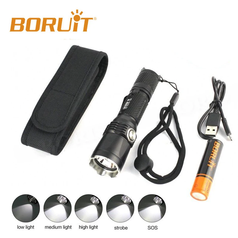 

Фонарик BORUiT BC05, 18650 лм, светодиодный, USB, перезаряжаемый, тактический, для повседневного использования, водонепроницаемый,