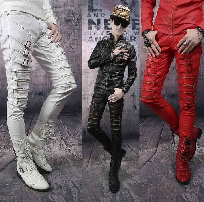 Black red white personality fashion mens motorcycle leather pants punk slim pant feet trousers multi-zipper pantalon homme | Мужская