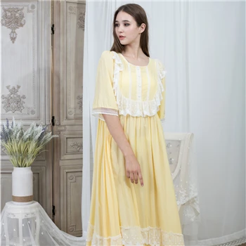 yellow Свободная ночная рубашка, женская ночная рубашка с круглым вырезом, кружевная модная винтажная одежда для сна, домашняя пижама, платье длиной до лодыжки, обхват груди 115 см - Цвет: yellow