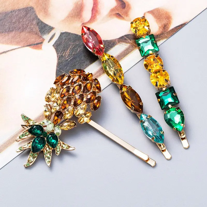 

3PCS/Set Colorful Crystal Pineapple Hairpins Women Geometric Round Oval Crystal Hair Clips Hair Jewelry Gifts Accessories