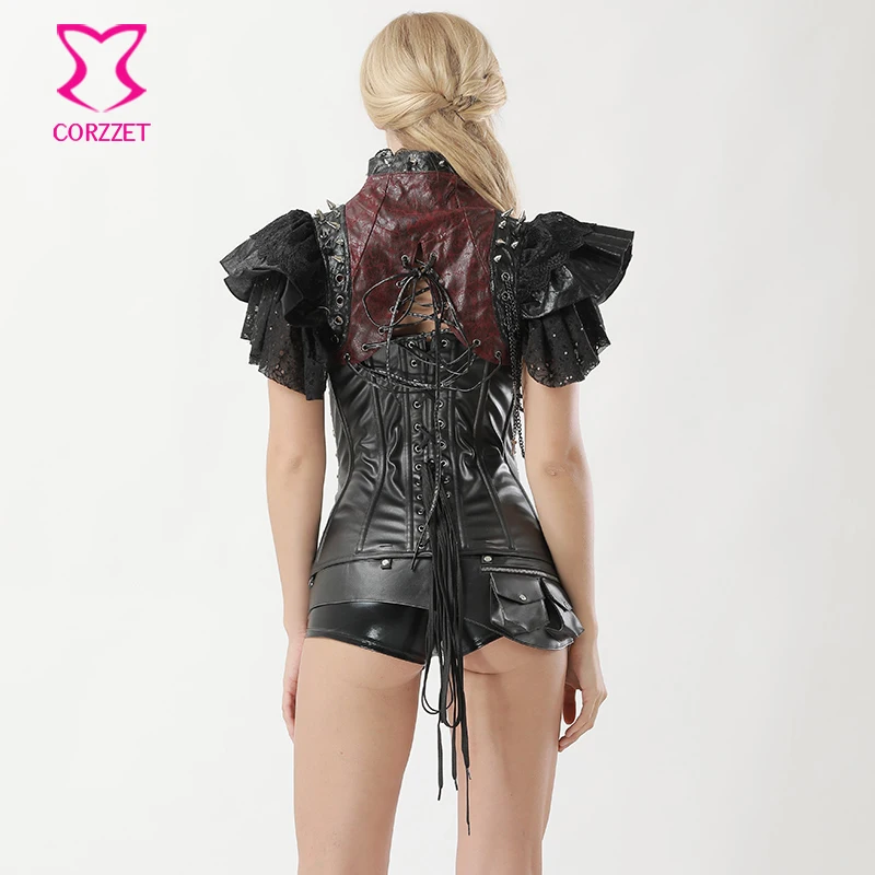 Куртка женская Corzzet в викторианском стиле из красной кожи и кружева с заклепками