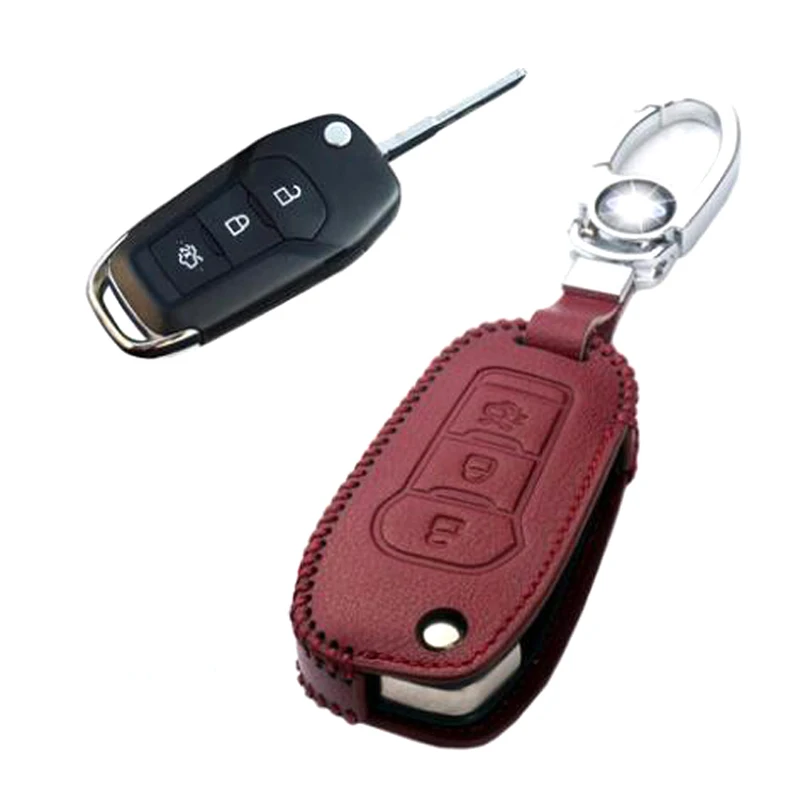 

Genuine PU Leather 3 Button Remote Key Bag Case Fob Holder Chain For Ford Series D Type