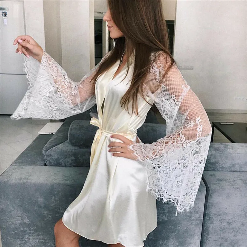 2019 Sexy lace women suits sets Robe Transparents Long Flare Sleeve gauze Evening dress Lingerie Sleepshirts | Женская одежда