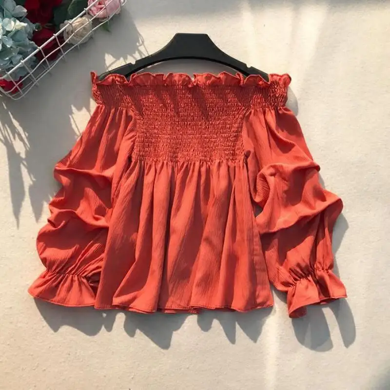 Женская шифоновая блузка без бретелек однотонная с длинными рукавами и