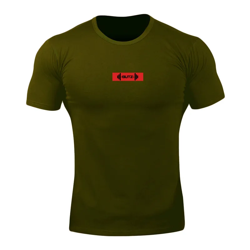 army green Модная мужская футболка из хлопка, дышащая мужская футболка с коротким рукавом для фитнеса, футболка для тренажерного зала, облегающая Повседневная летняя футболка - Цвет: army green