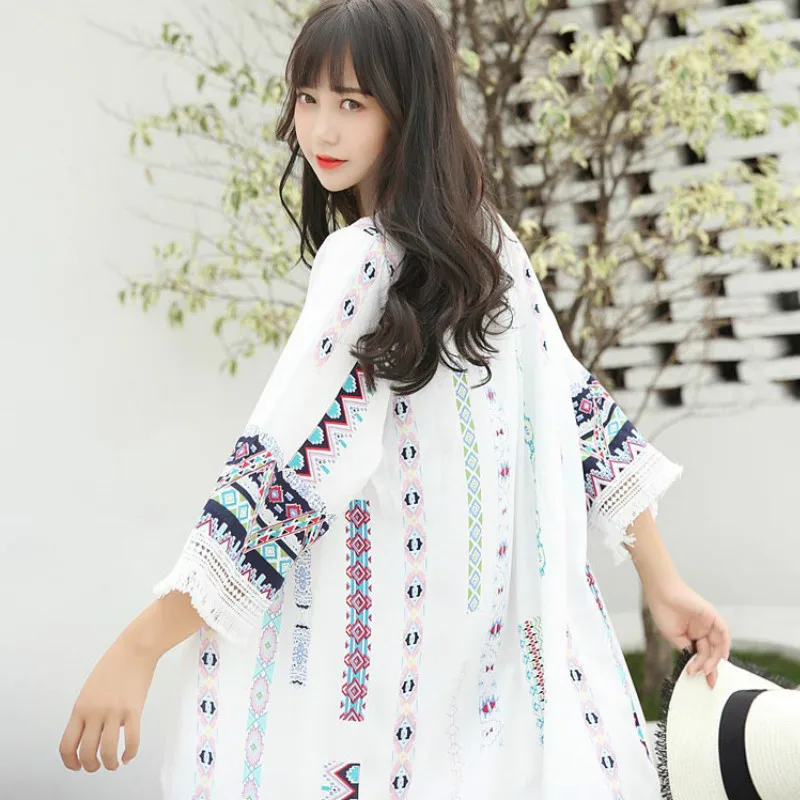 Boho/шифоновые рубашки кардиган с защитой от солнца длинная шаль бахромой куртка