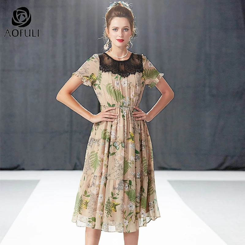 Размер L кружевное летнее платье средней длины с цветочным принтом длинные
