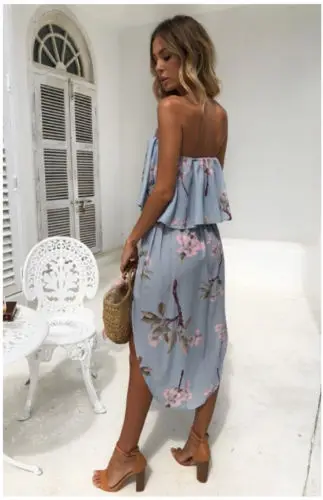 Для женщин леди с плеча Floral Ruffle Maxi платье летних вечеринок Пляжное свободные