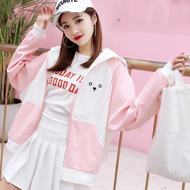 Для женщин куртка японский Harajuku Стиль Kawaii след печати карман на молнии с длинным
