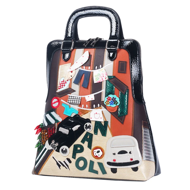 

Женский кожаный рюкзак с вышивкой, школьный ранец в стиле пэчворк, дорожная сумка-тоут с мультипликационным уличным Неаполем