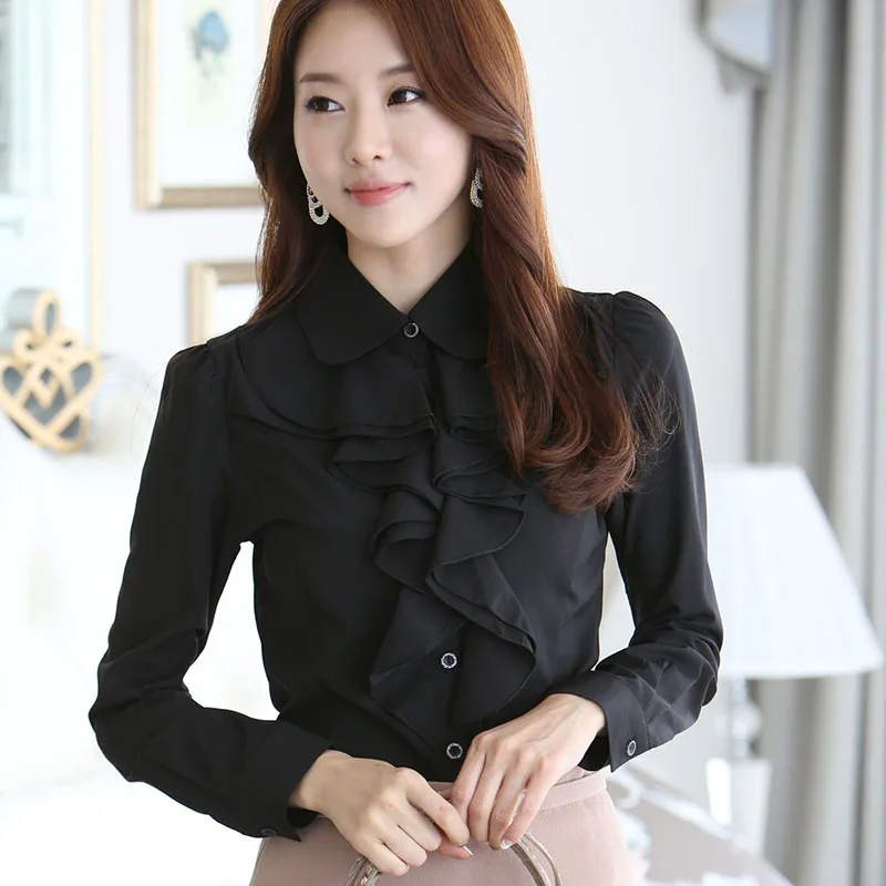 

Newly Women Autumn Ruffle Shirts Slim Fit Office Lady Solid Color Blouse Tops m99
