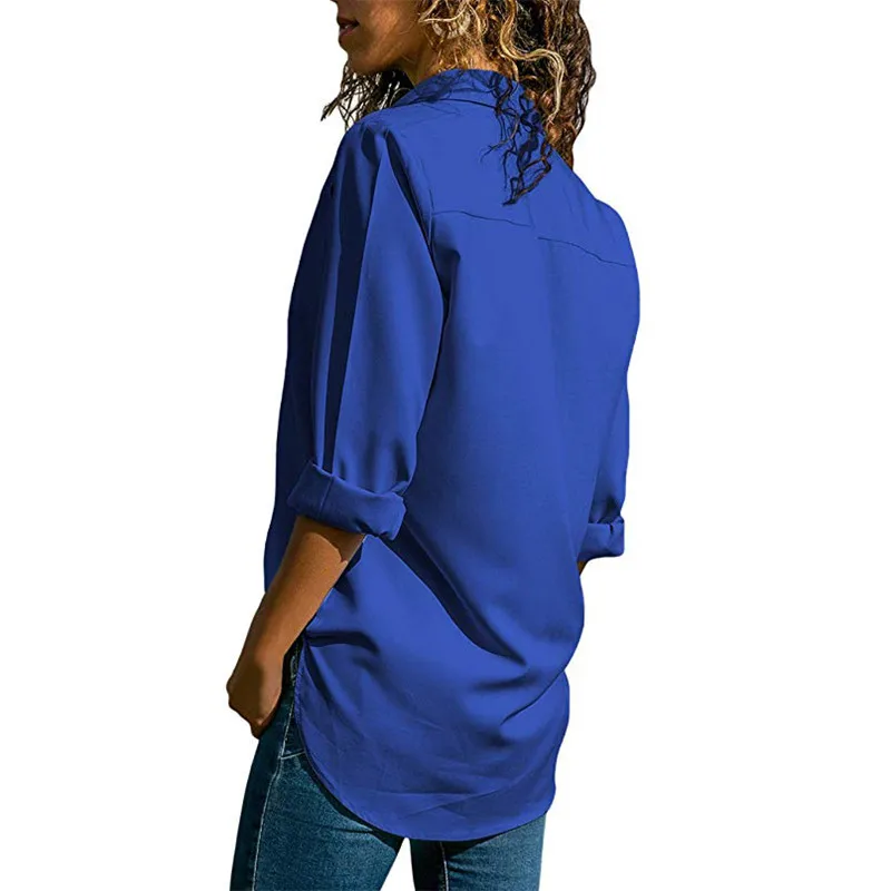 Fashion Autumn Pure color V collar Eye buttonhole Long sleeves Chiffon shirt Women Top Female Blouse Shirt