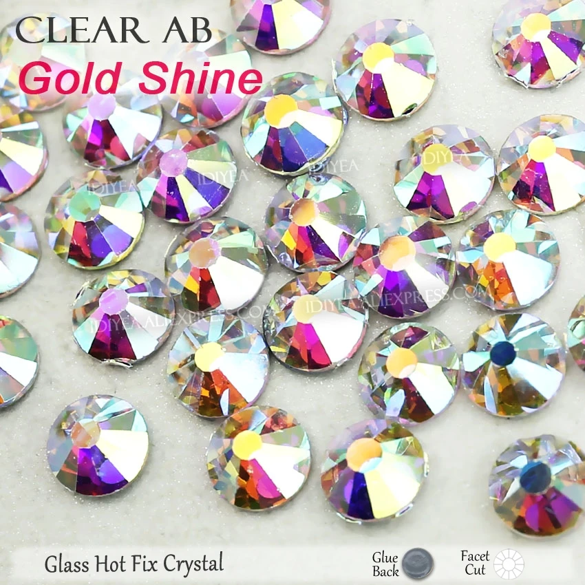 Clear AB Gold Shine Высокое качество Горячая фиксация Стразы SS6 SS10 SS16 SS20 SS30 Стразы плоская задняя часть исправление камней Кристаллы Блестки для DIY одежды платье - Цвет: Clear AB Gold Shine