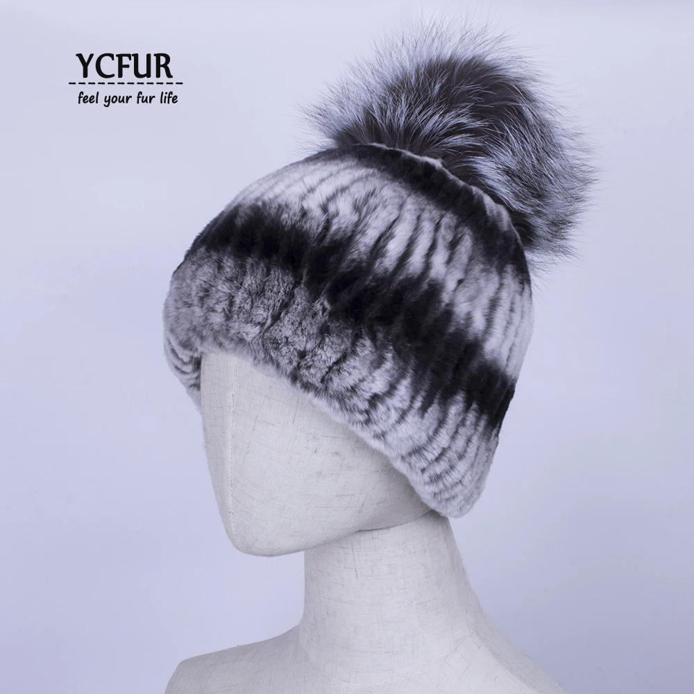 

YCFUR Women Winter Warm Hats Caps Handmade Stripes Real Rex Rabbit Fur Hat Cap With Fox Fur Pom Hats Beanies Female