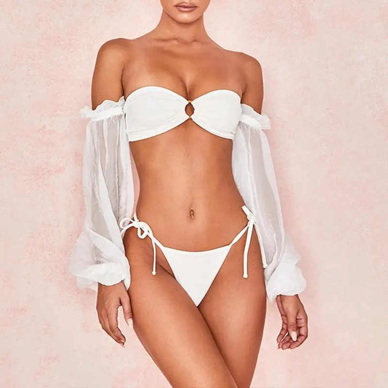 Misswim, короткий топ с длинным рукавом, сетчатый бикини, топ,, сексуальный белый купальник, женский купальник, бандо, купальник для женщин,, купальный костюм