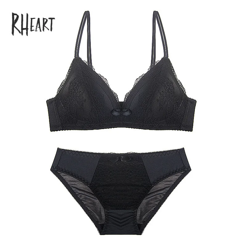 Black Roseheart, новинка, женское, модное, розовое, черное, сексуальное нижнее белье, кружевной бант, бюстгальтеры, беспроводные, на бретелях, без косточек, хлопковые трусики, пуш-ап, комплекты бюстгальтеров - Цвет: Black