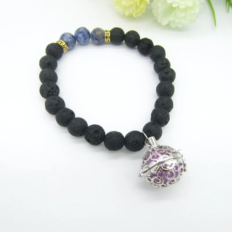 Бусины из черной лавы и цветные камни с милым медальоном сделай сам модные