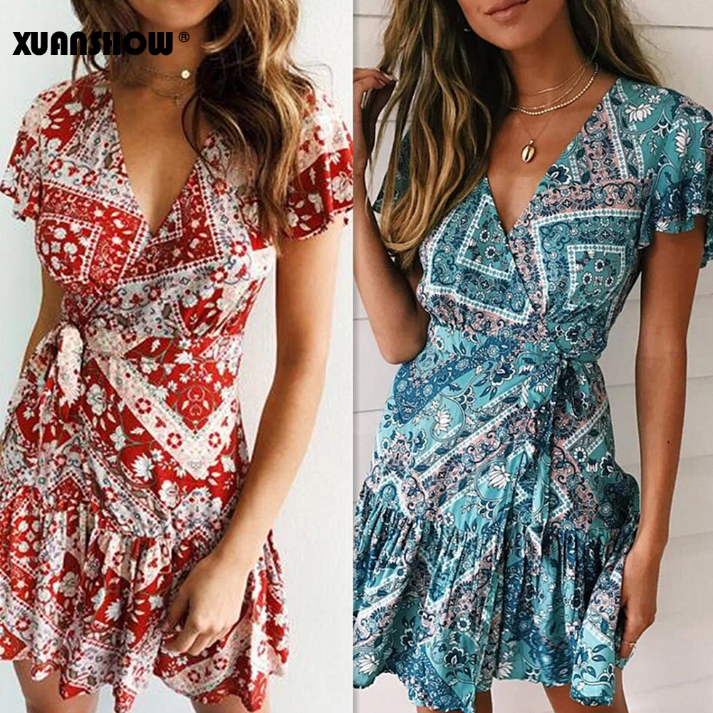 Женское летнее платье с V образным вырезом и коротким рукавом|Женские платья| |