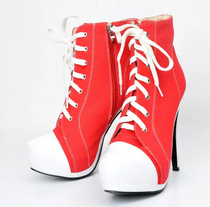 LGZ487 Red LAIGZEM/парусиновые женские ботинки на платформе; Botines Mujer; короткие ботильоны на высоком каблуке с боковой молнией; женская обувь; большие размеры 34-52 - Цвет: LGZ487 Red