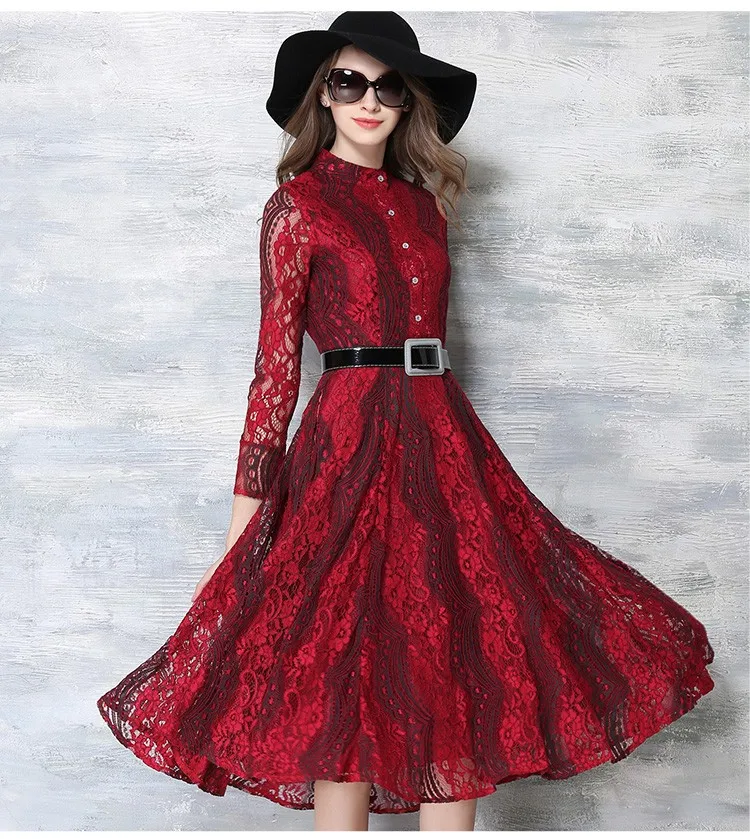 Robe Tunique приталенное и расклешенное кружевное платье со стоячим воротником и длинным рукавом для женщин Jurken Vestidos Encaje Mujer