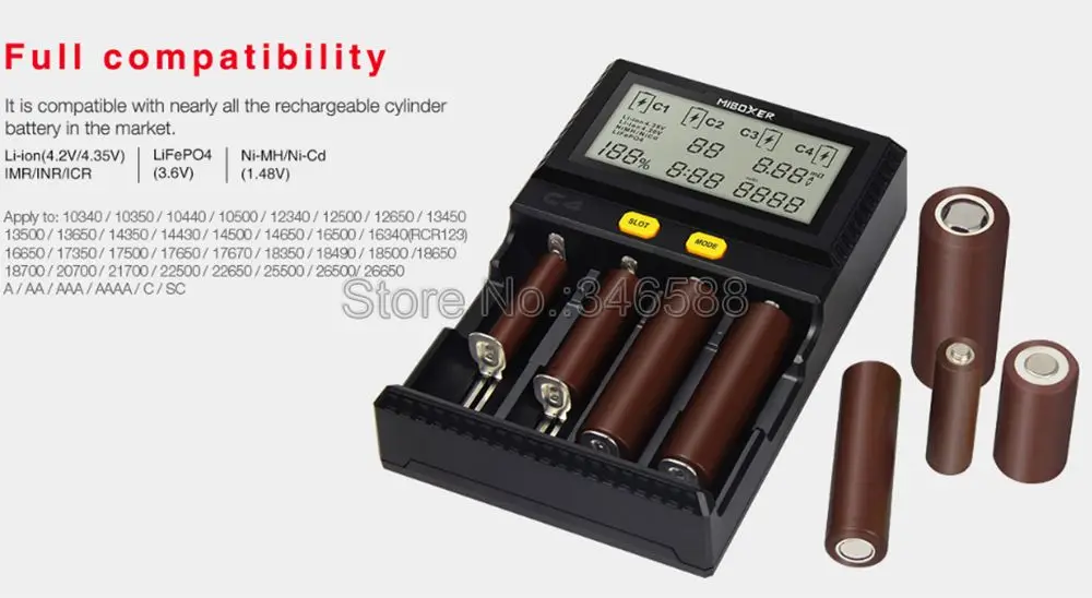 C4 зарядное устройство Miboxer для 10340 10440 AA AAA 14500 18650 26650 зарядное устройство Универсальное зарядное устройство 4 канала