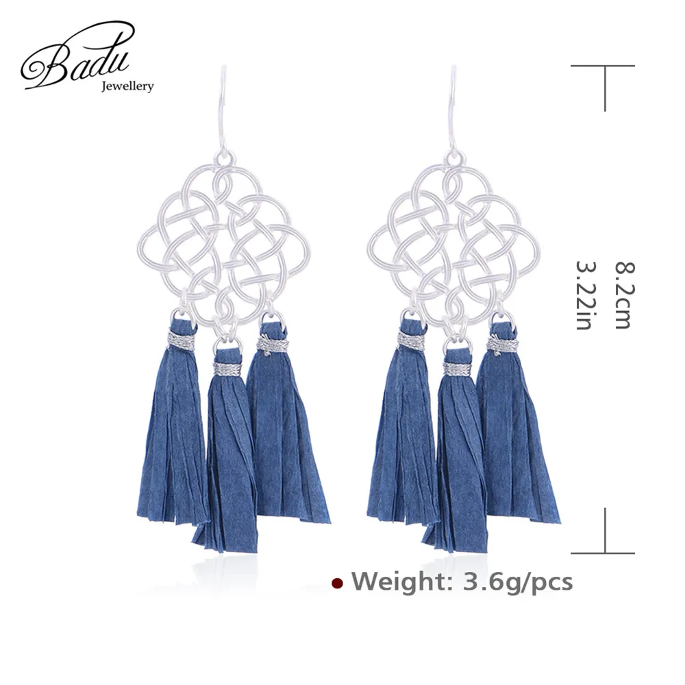

Badu Women Ethnic Earring Raffia Tassel Pendant Geometric Metal Heart Earrings Hollowing Cotton Tassel Vintage Jewelry