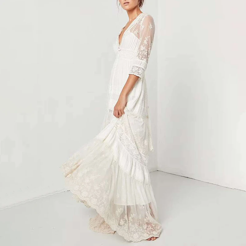 Женское платье с вышивкой VGH летнее ТРАПЕЦИЕВИДНОЕ длиной до пола v образным