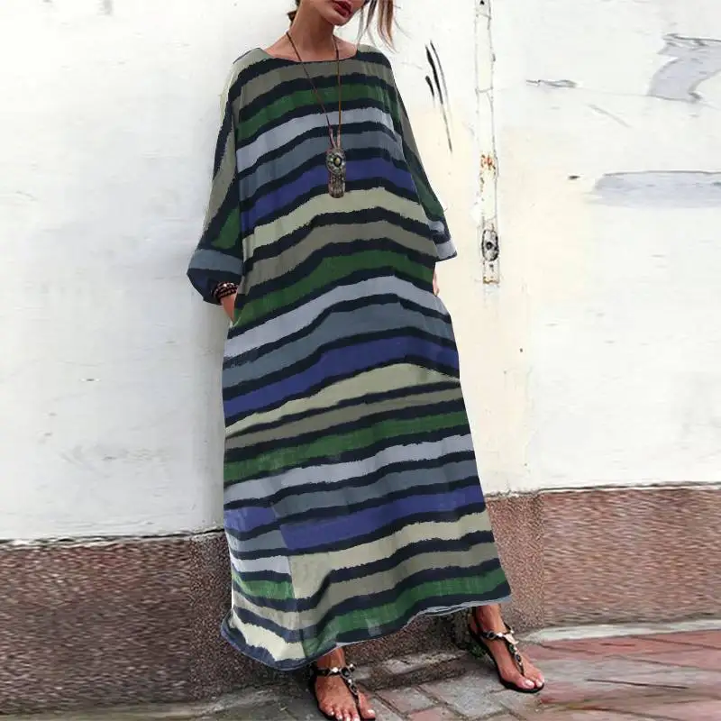 961 Green ZANZEA женское платье макси размера плюс длинное Vestidos женское платье с принтом s богемное платье в полоску летний сарафан платье для пляжной вечеринки - Цвет: 961 Green