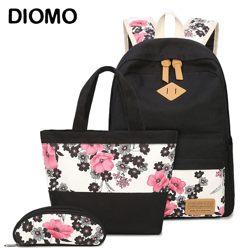 DIOMO 2022 цветочный Комплект школьной сумки для девочек тренд Новый женский рюкзак холст Модный цветочный принт Женская сумка для книг 3 шт./ком...
