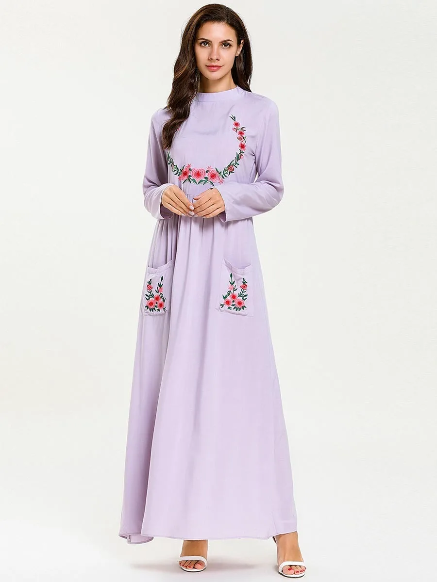Длинное мусульманское платье макси Abaya Дубаи длинный рукав с вышитым карманом
