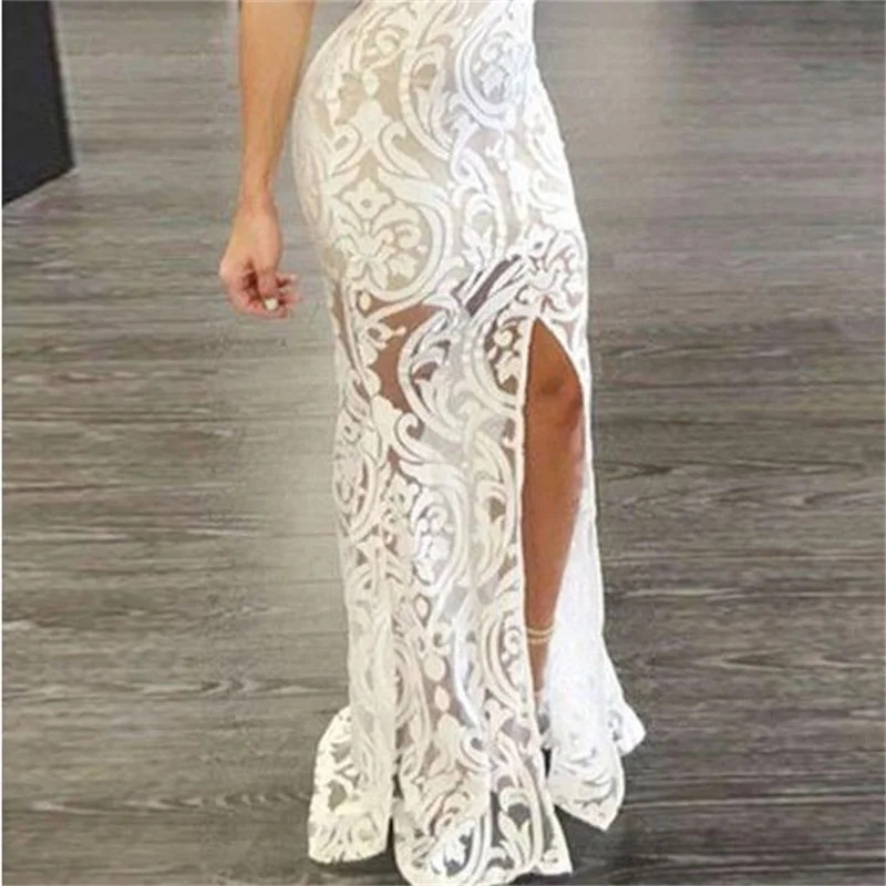 Women Summer Dress 2019 Maxi Dresses For Long Sexy Club Sleeveless V-Neck Party White Lace Hollow Out | Женская одежда