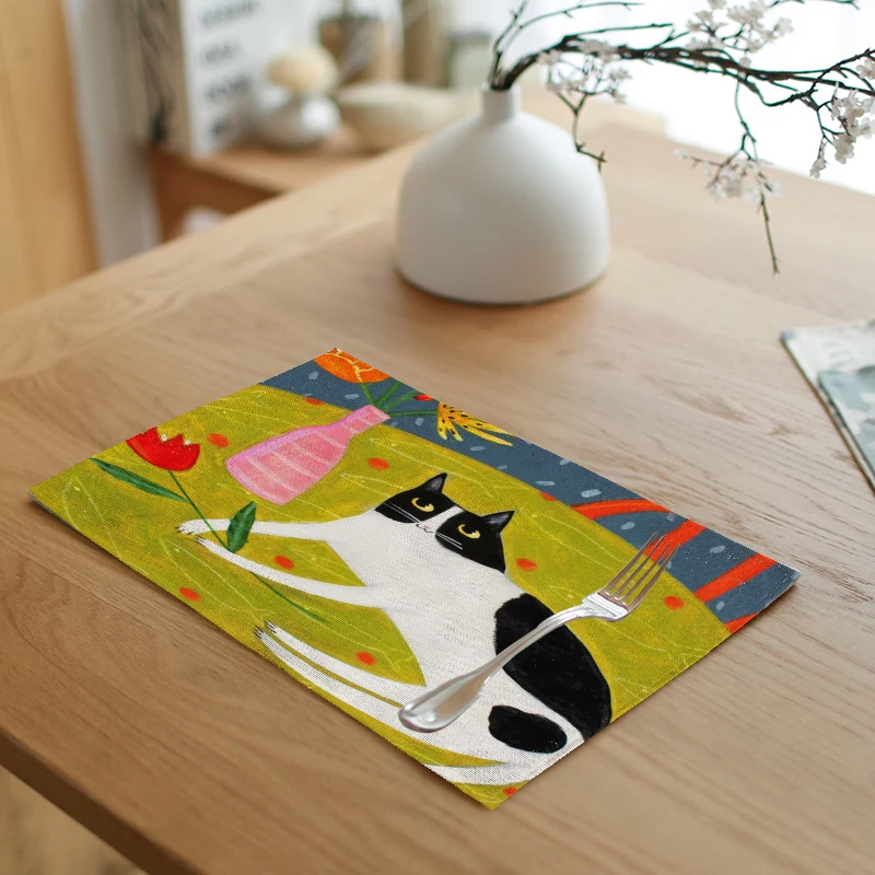 Льняная салфетка с принтом кошки 32*42 см цветочный горшок узор кофейня Декор