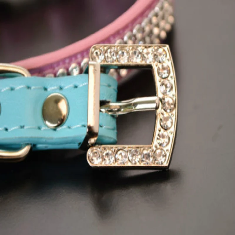 3 Rows Bling Rhinestone Small Pet Dog PU Leather Buckle Cute Cat Crystal Collar | Дом и сад