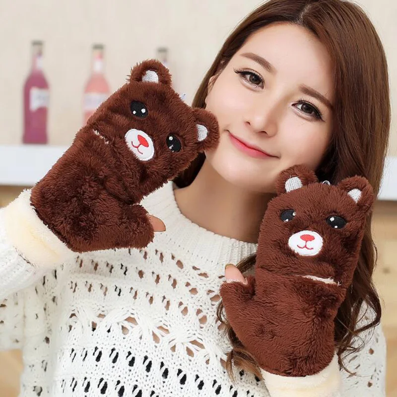 Симпатичные Мультяшные медвежонки женские теплые перчатки с откидной крышкой
