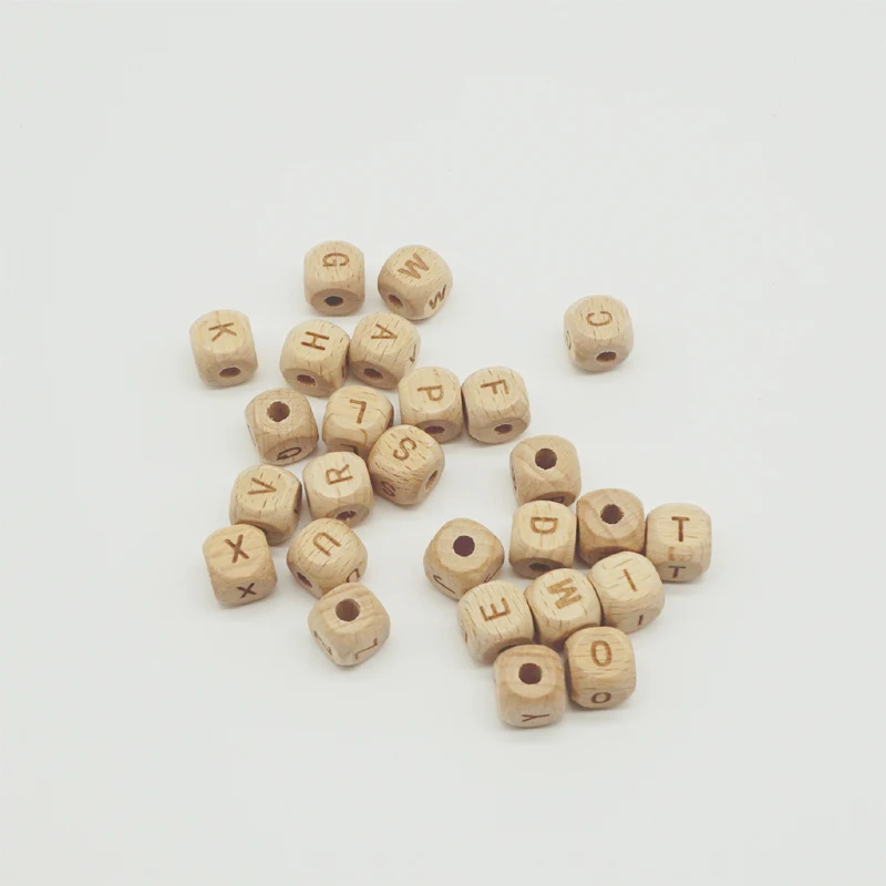 

50pcs/lot 10mm 12mm Square Laser Carving Letter Wood Beads Baby Teething Natural Beech Wooden Beads For Jewelry Making DIY Craft