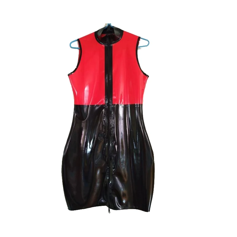 

Pure New 100% Latex Rubber Fashion Women Black and Red Sleeveless Zipper Drees With Zipper Size XXS-XXL