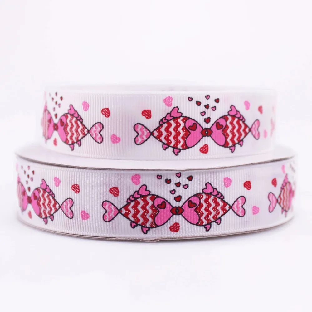 

7/8" glitter hearts and fish kiss printd grosgrain ribbon for Valentine gift wrap tape accessaries 10yards 50yards