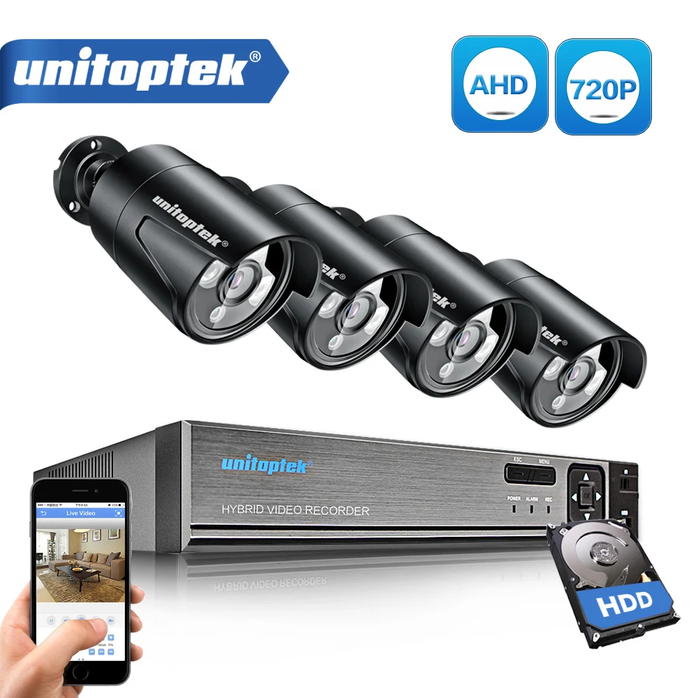 UNITOPTEK 1080N HDMI DVR 1200TVL 720 P HD AHD камера набор наружная домашняя безопасности Система 4CH