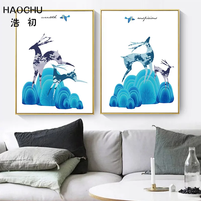 HAOCHU Европейский с голубым облаком и украшение Олень изображение Wall Art Deco
